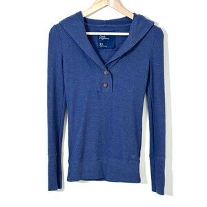 American Eagle Y2K Henley Waffle Knit Hood Logo Navy Bella Swan Elena Gilbert